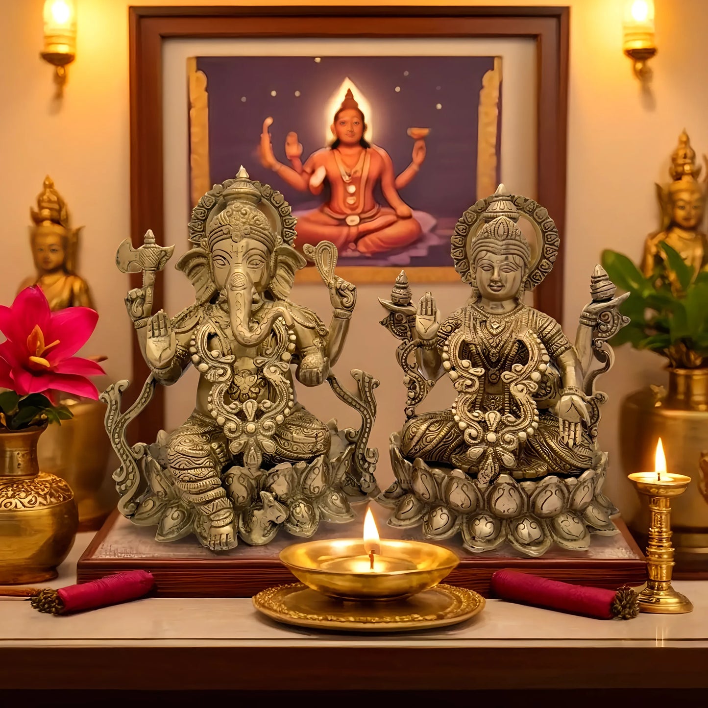 Brassaura™ Brass Laxmi Ganesha Statue – Height 10.8 Inches & Weight 8.7 Kgs | Hindu God Murti