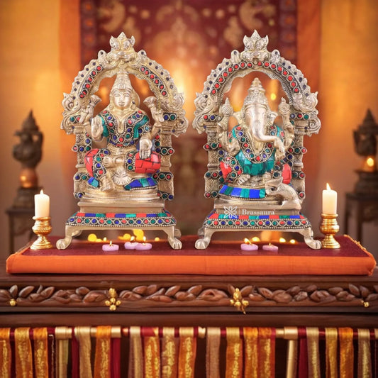 Brass Gem Stone Work Lakshmi Ganesh Height 8 Inches & Weight 4 Kgs