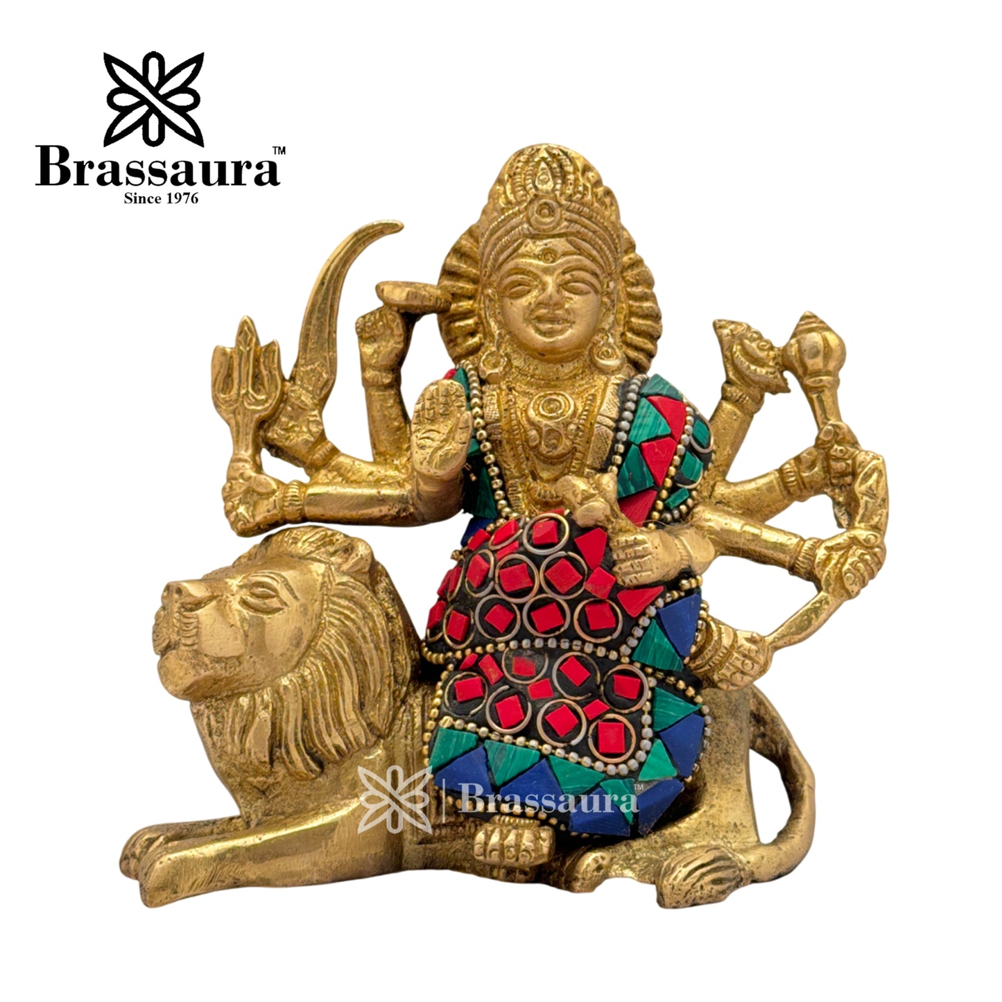 Brass Gem Stone Work Durga ma Idol for Home and Decor Weight .9 Kg Height 12 cm