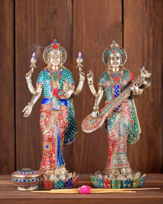 Brass Gem Stone Work Laxmi Mata for Home and Decor Height 25 Inches & Weight 34 Kgs