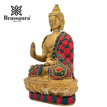 Brass Gem Stone Work Meditative Buddha Idol for Home and Decor Weight 1.1 Kg Height 18 cm