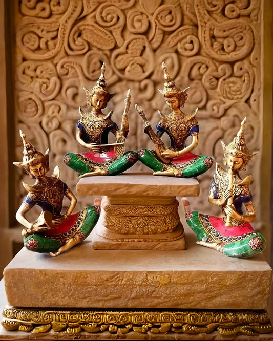 Brassaura™ Brass Handcrafted Thai Musical Set with Stonework – Height 8 Inches & Total Weight 6 Kgs (Set of 4)