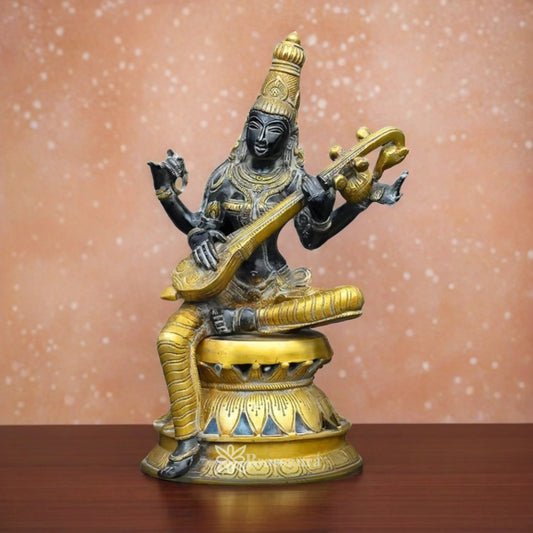 Brassaura™ Brass Saraswati Figurine – Height 12.2 Inches & Weight 4.59 Kgs | Artistic Goddess Statue