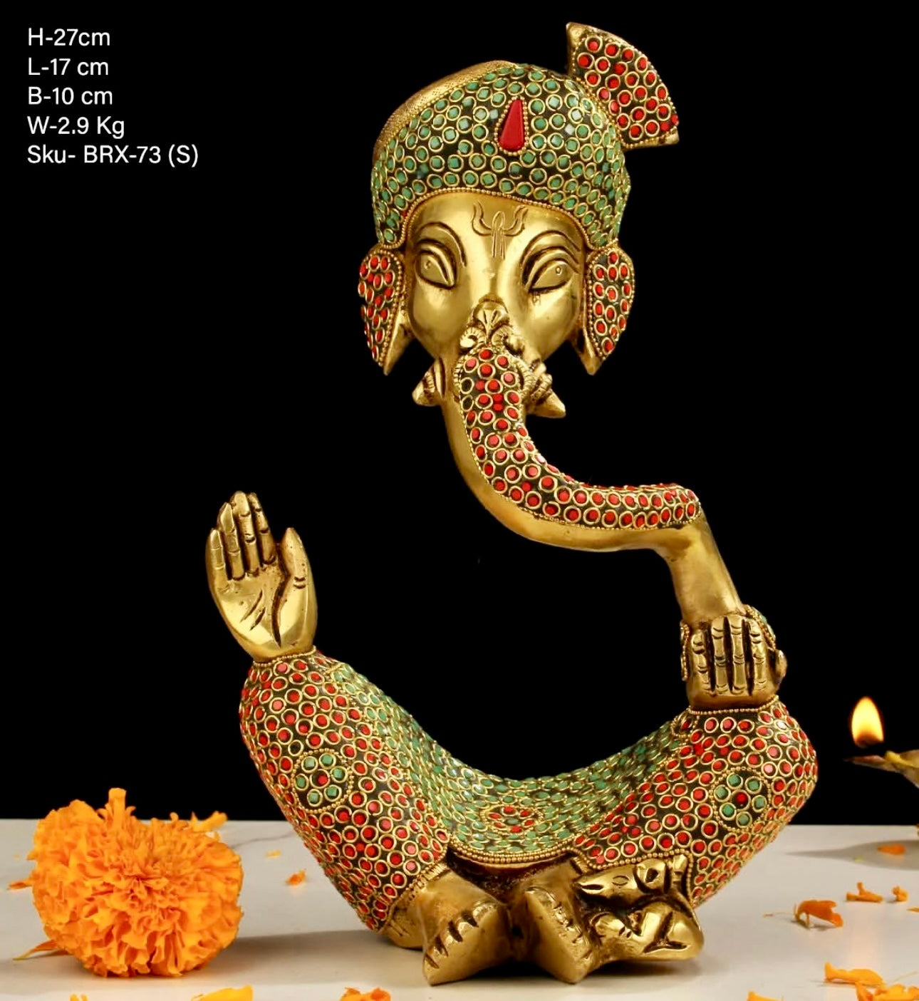 Brassaura™ Modern Ganesha Gemstone Work Statue – Height 10.5 Inch, Weight 2.9 Kg | Solid Brass Murti