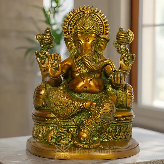Brassaura™ Brass Golden Ganesha in Blessing Posture with Mooshak – Height 8.27 inches | Weight 2.7 kgs