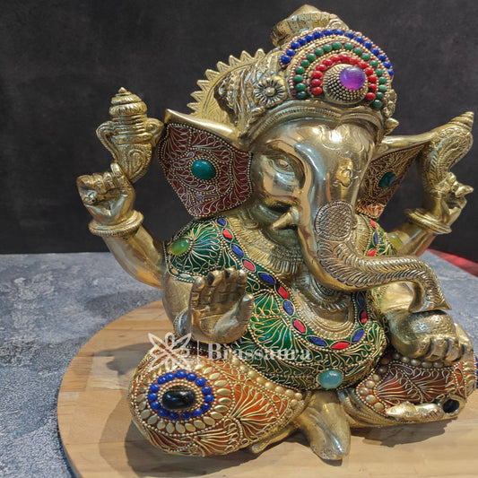 Brassaura™ Brass Gem Stone Work Ganesha Idol for Home and Decor | Weight 9 Kgs | Height 12 Inches