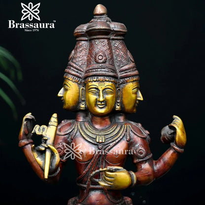 Brassaura™ Brass Brahma Dev Idol – Height 16 Inches & Weight 7.3 Kgs | Exquisite Brass Artwork for Spiritual Interiors