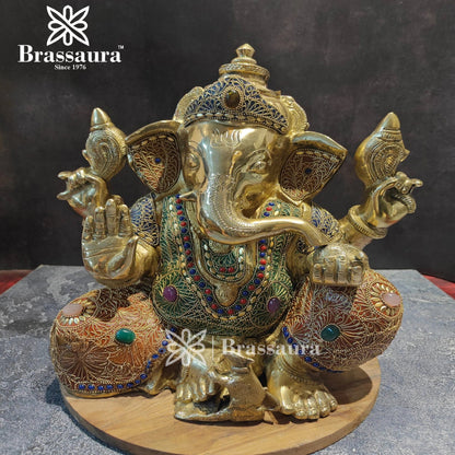 Brassaura™ Brass Gem Stone Work Ganesha Statue for Home and Decor | Weight 12.2 Kgs | Height 16 Inches