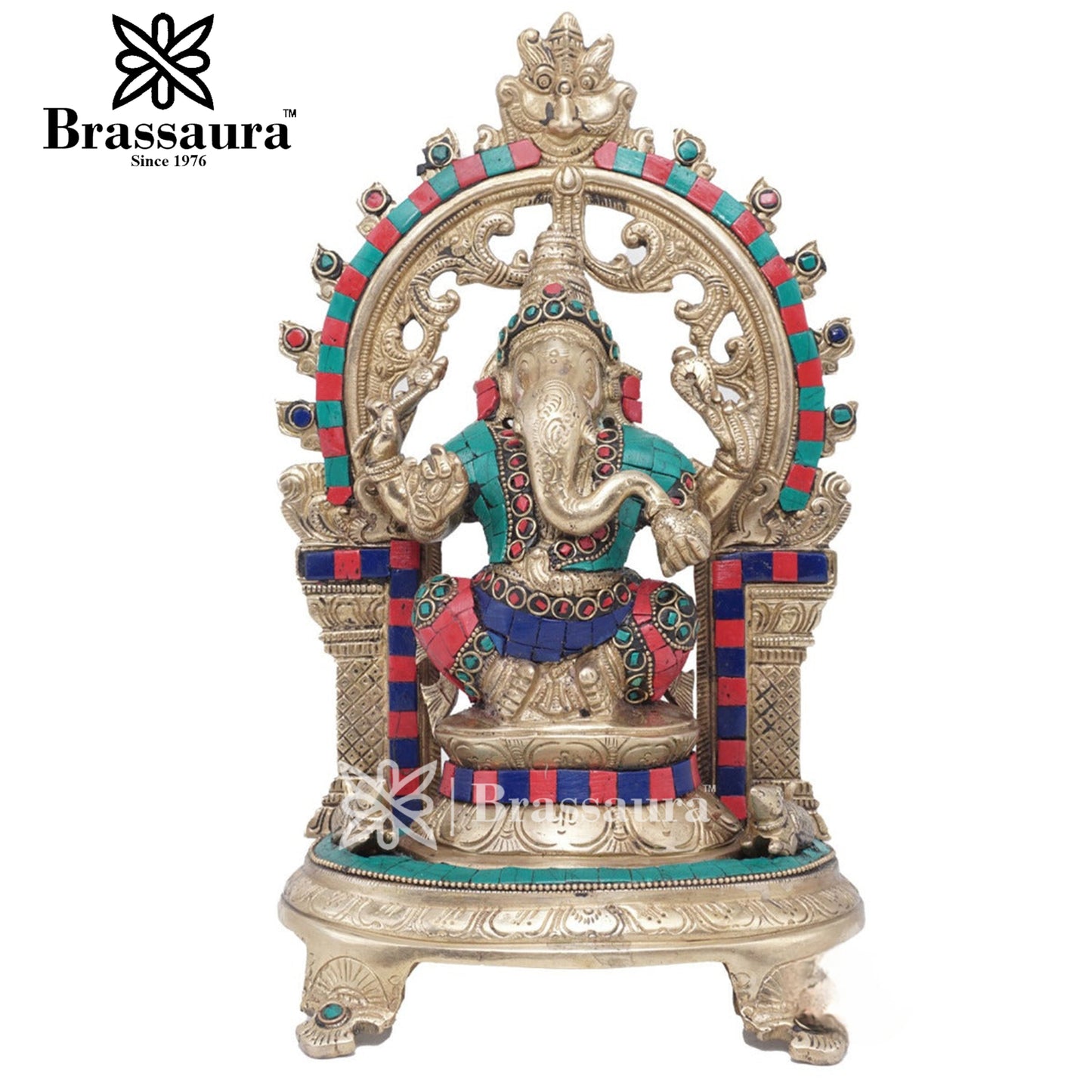 Brass Gem Stone Work Ganesha Statue For Home Decor And Gift Item Weight 4.4 Kg And Height 11.5 Inches