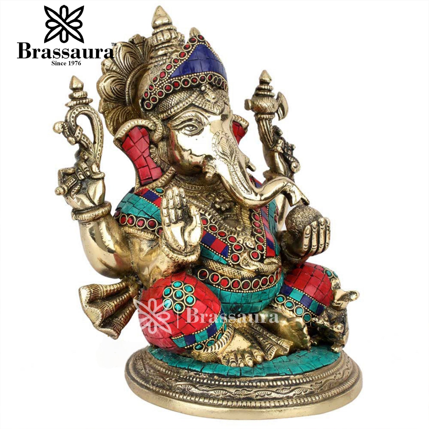 Brass Gem Stone Work Ganesha Statue For Home Decor And Gift Item Weight 6.8 Kg And Height 12 Inches