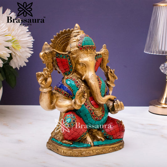 Brassaura™ Brass Gem Stone Work Ganesha Idol for Home and Decor | Weight 4.2 Kgs | Height 10 Inches