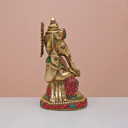 Brassaura® Brass Ganesha Statue with Stonework | Height 12 Inches