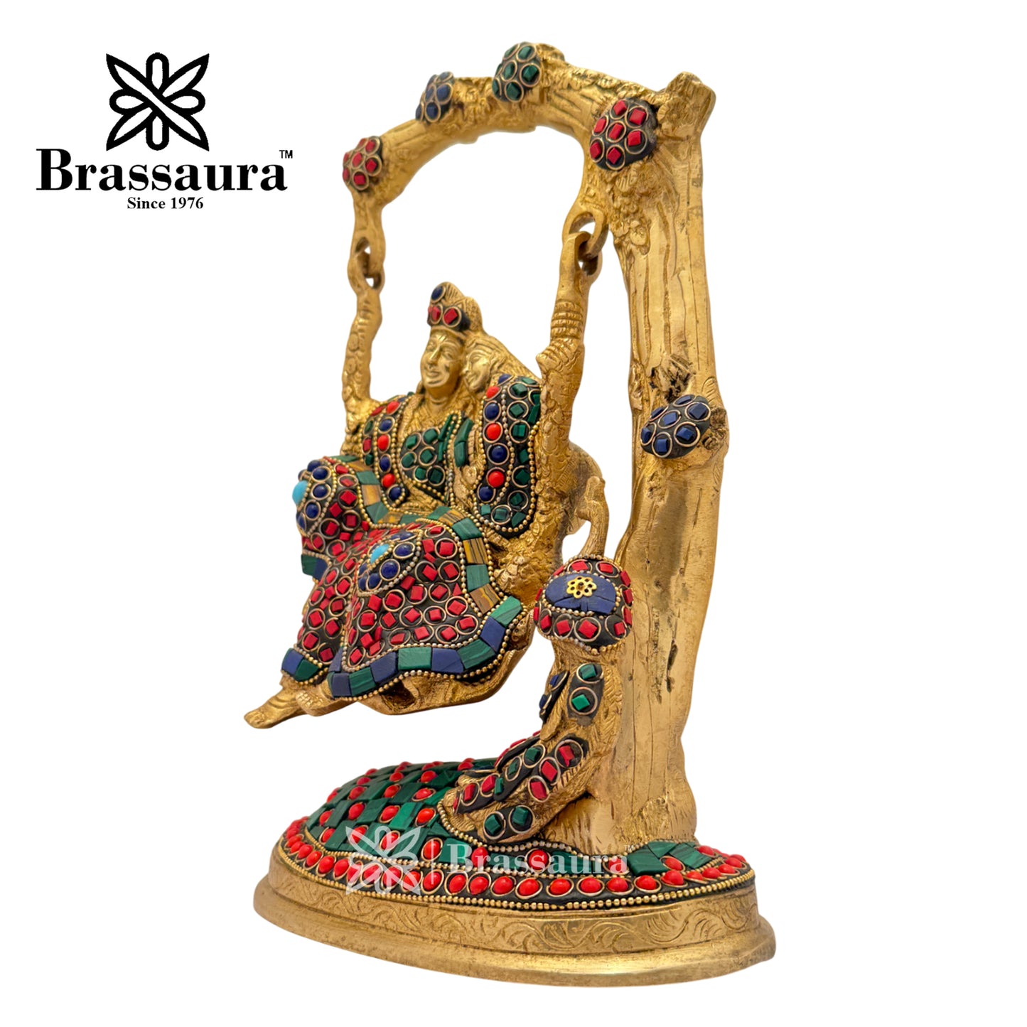 Brass Gem Stone Work Radha Krishna Tree Jhula Idol for Home and Decor Weight 3.5 Kg Height 28 cm