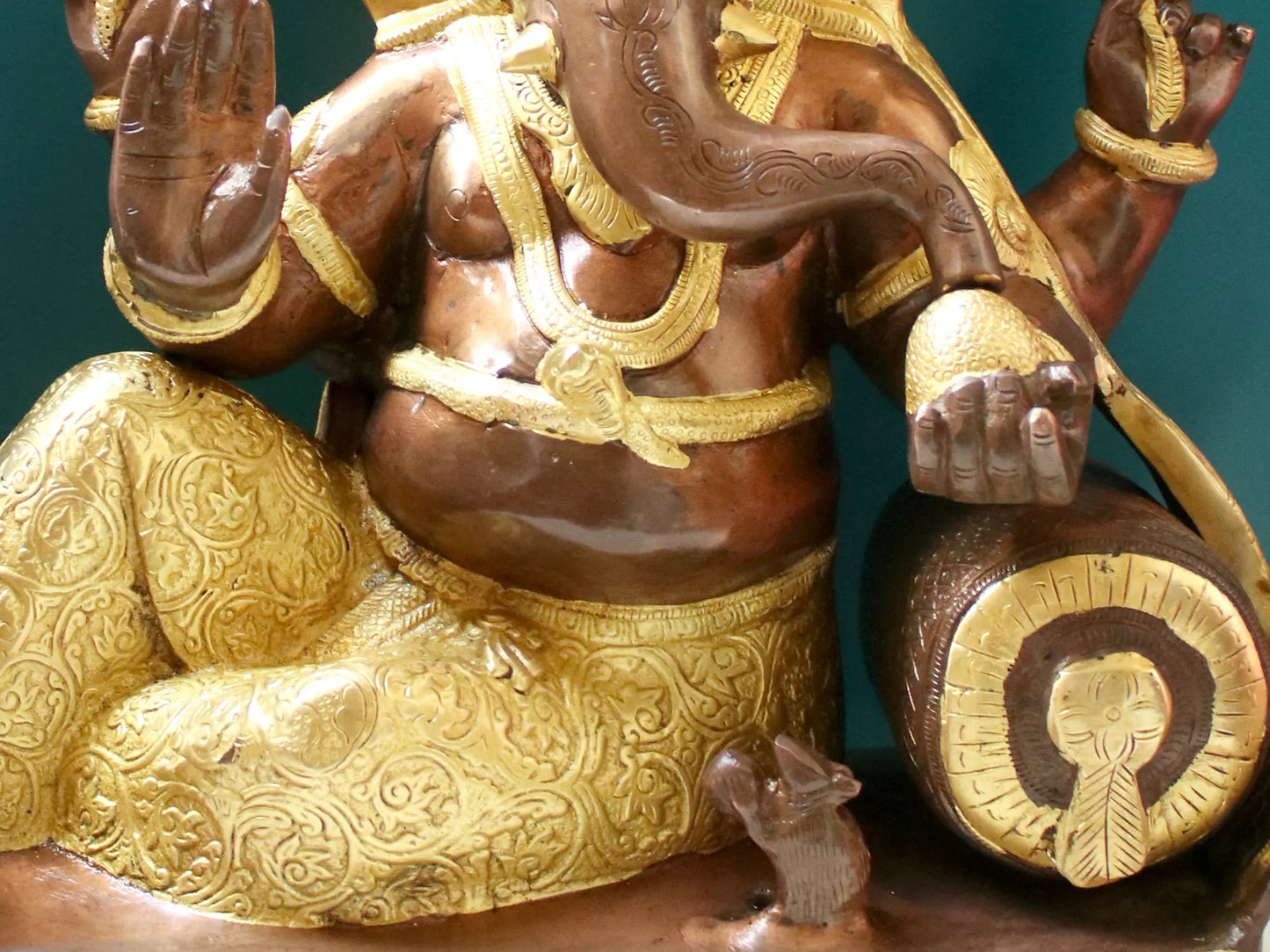 Brassaura™ Reclining Lord Ganesha on Chowki | Pure Brass Seated Idol | Height 16 Inches