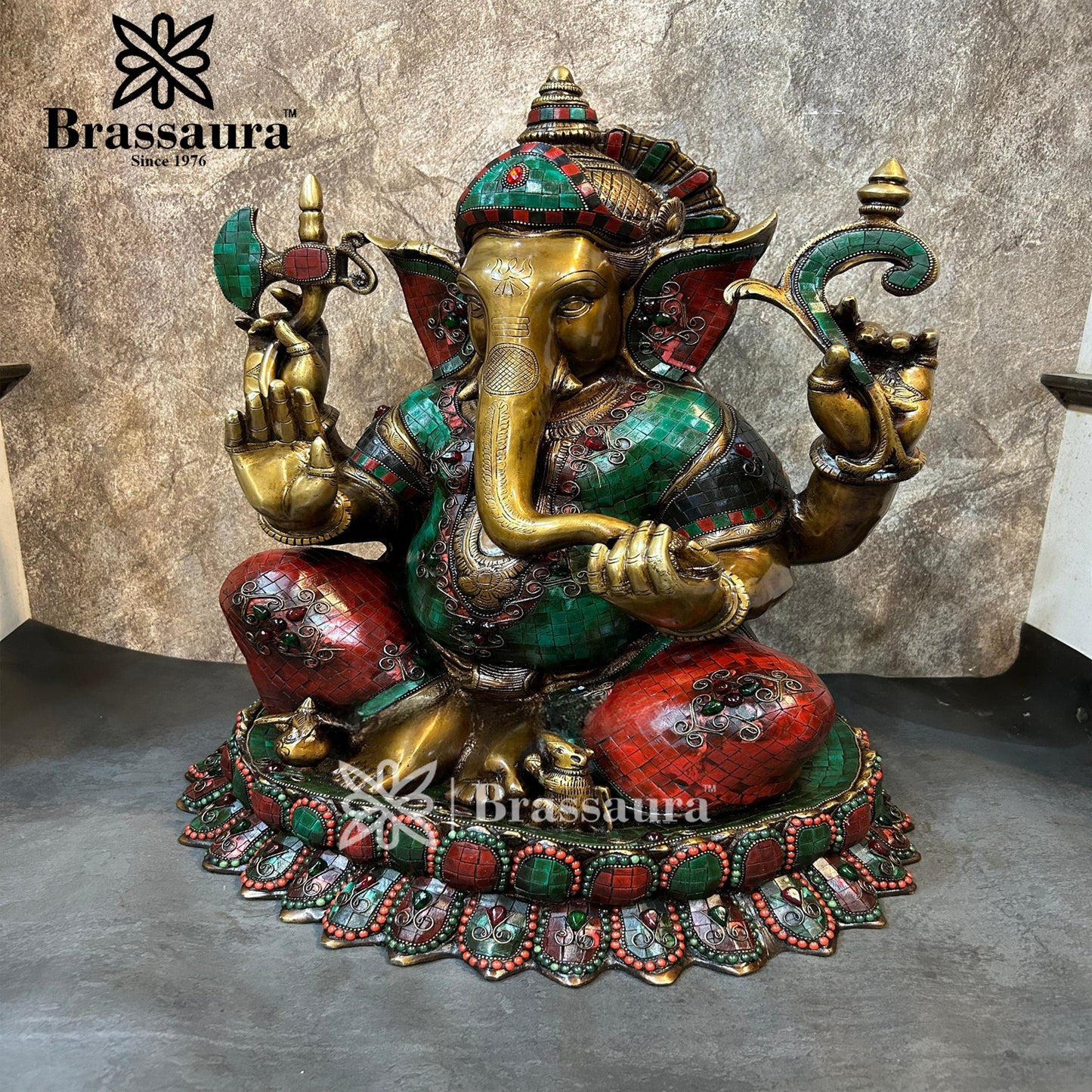 Brass Gem Stone Work Lotus Ganesha Statue For Home Decor And Gift Items Weight 31.8 Kg And Height 22.5 Inches