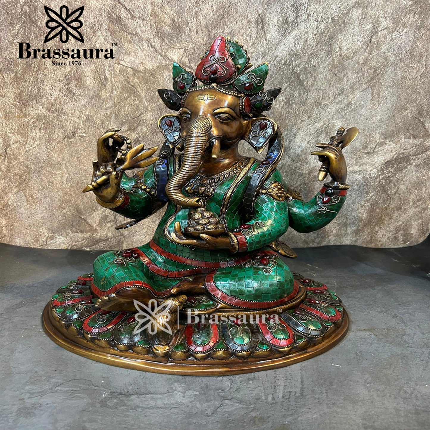 Brassaura™ Brass Gem Stone Work Lotus Ganesha Idol for Home and Decor | Weight 14.7 Kgs | Height 16.93 Inches