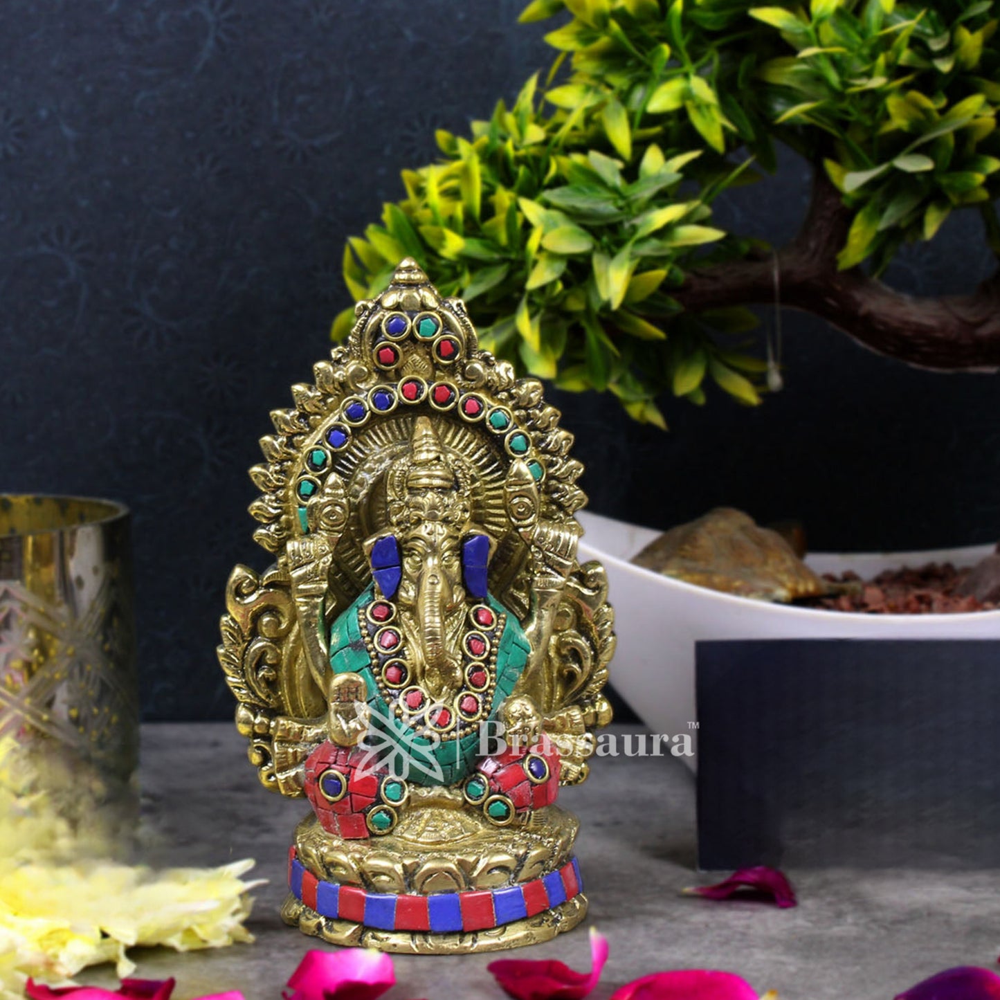 Brass Gem Stone Work Ganesha Statue For Home Decor And Gift Item Weight .9 Kg And Height 5.5 Inches