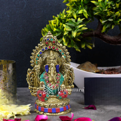 Brass Gem Stone Work Ganesha Statue For Home Decor And Gift Item Weight .9 Kg And Height 5.5 Inches