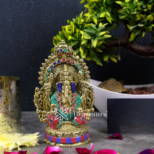 Brass Gem Stone Work Ganesha Statue For Home Decor And Gift Item Weight .9 Kg And Height 5.5 Inches