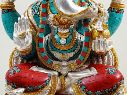 ब्रासौर™ चार भुजाओं वाले बैठे भगवान गणेश | उत्तम जड़ाई के काम के साथ सिल्वर फिनिश ब्रास | ऊंचाई 18 इंच और वज़न 17 किलोग्राम