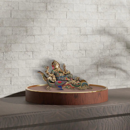 Brassaura™ Reclining Lord Ganesha Idol | Pure Brass with Meenakari Inlay Work | Height 17 Inches & Weight 13.35 Kgs