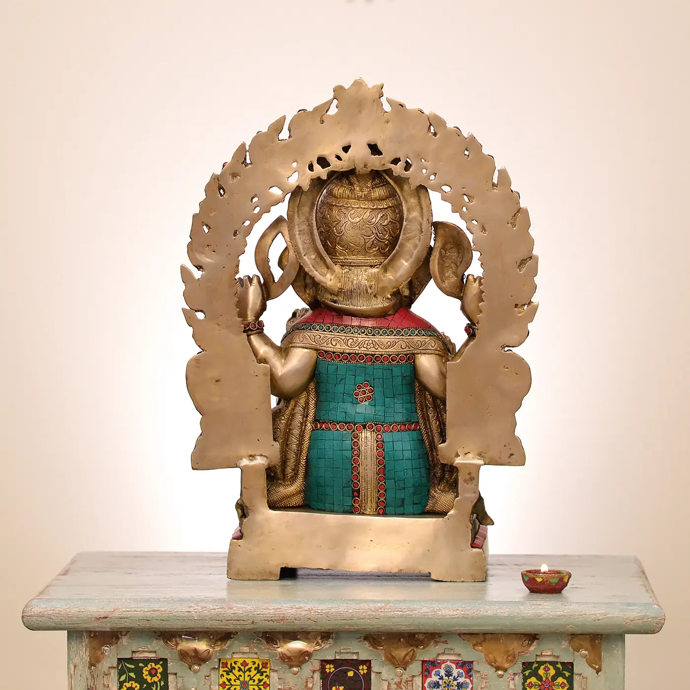 Brassaura™ Seated Lord Ganesha with Prabhavali | Pure Brass with Meenakari Inlay Work | Height 19 Inches & Weight 20 Kgs