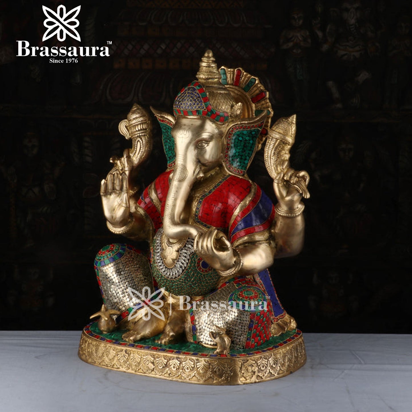 Brassaura™ Brass Gem Stone Work Ganesha Idol for Home and Decor | Weight 27.2 Kgs | Height 22 Inches