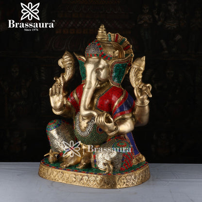 Brassaura™ Brass Gem Stone Work Ganesha Idol for Home and Decor | Weight 27.2 Kgs | Height 22 Inches