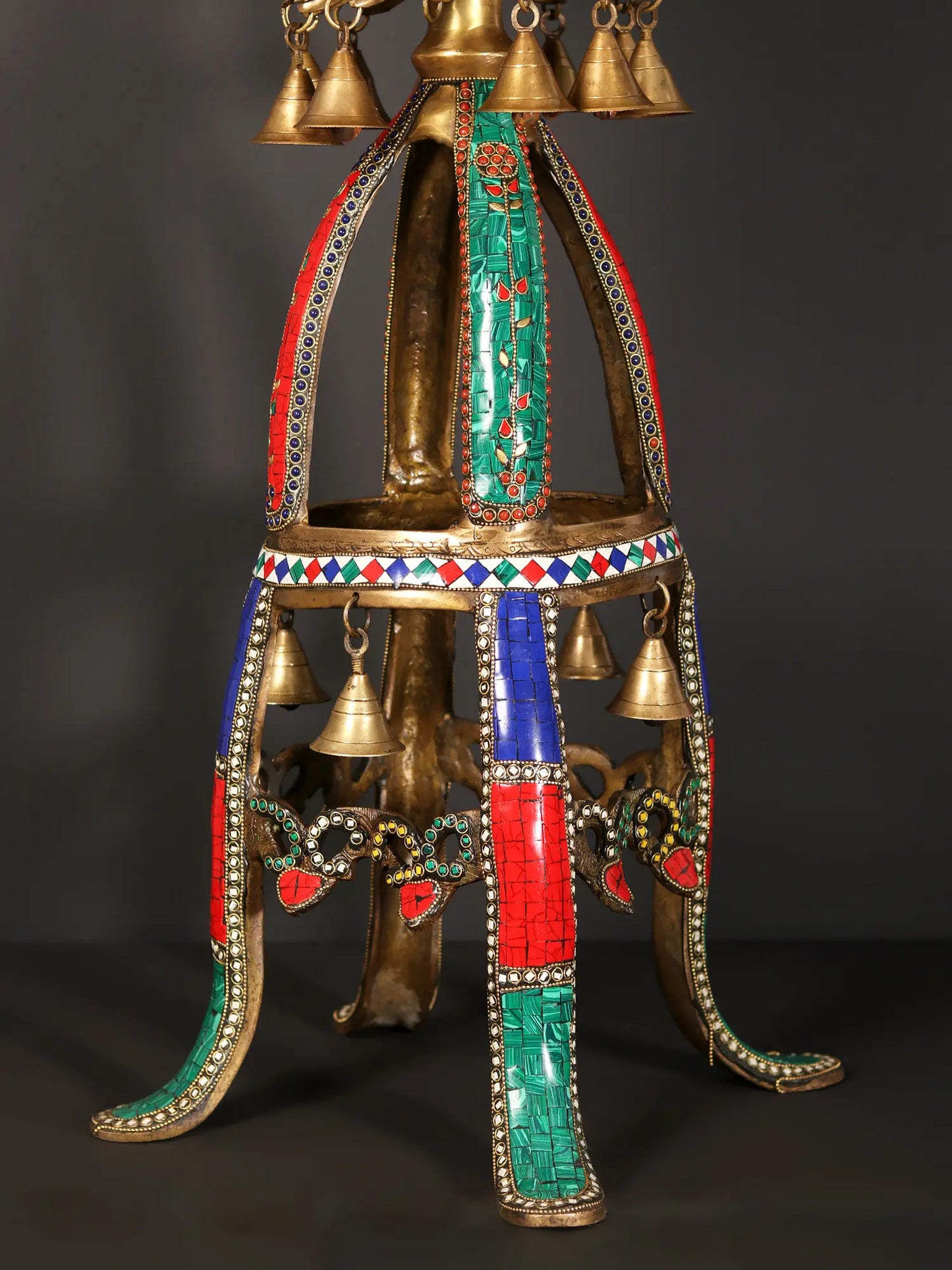 Brassaura® Peacock Brass Urli Stand with Inlay Work & Hanging Bells | Pure Brass | Height 41.5 Inches & Weight 21.70 kgs