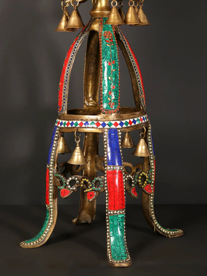 Brassaura® Peacock Brass Urli Stand with Inlay Work & Hanging Bells | Pure Brass | Height 41.5 Inches & Weight 21.70 kgs
