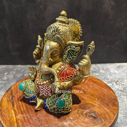 Brassaura™ Brass Gem Stone Work Ganesha Idol for Home and Decor | Weight 1.7 Kgs | Height 6 Inches