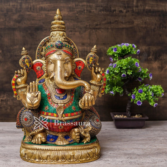 Brassaura™ Brass Gem Stone Work Ganesha Idol for Home and Decor | Weight 23 Kgs | Height 20 Inches
