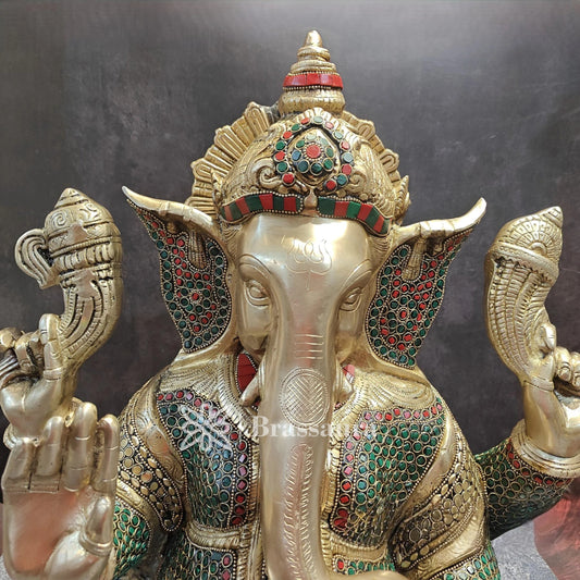 Brassaura™ Brass Gem Stone Work Ganesha Idol for Home and Decor | Weight 20 Kgs | Height 20 Inches