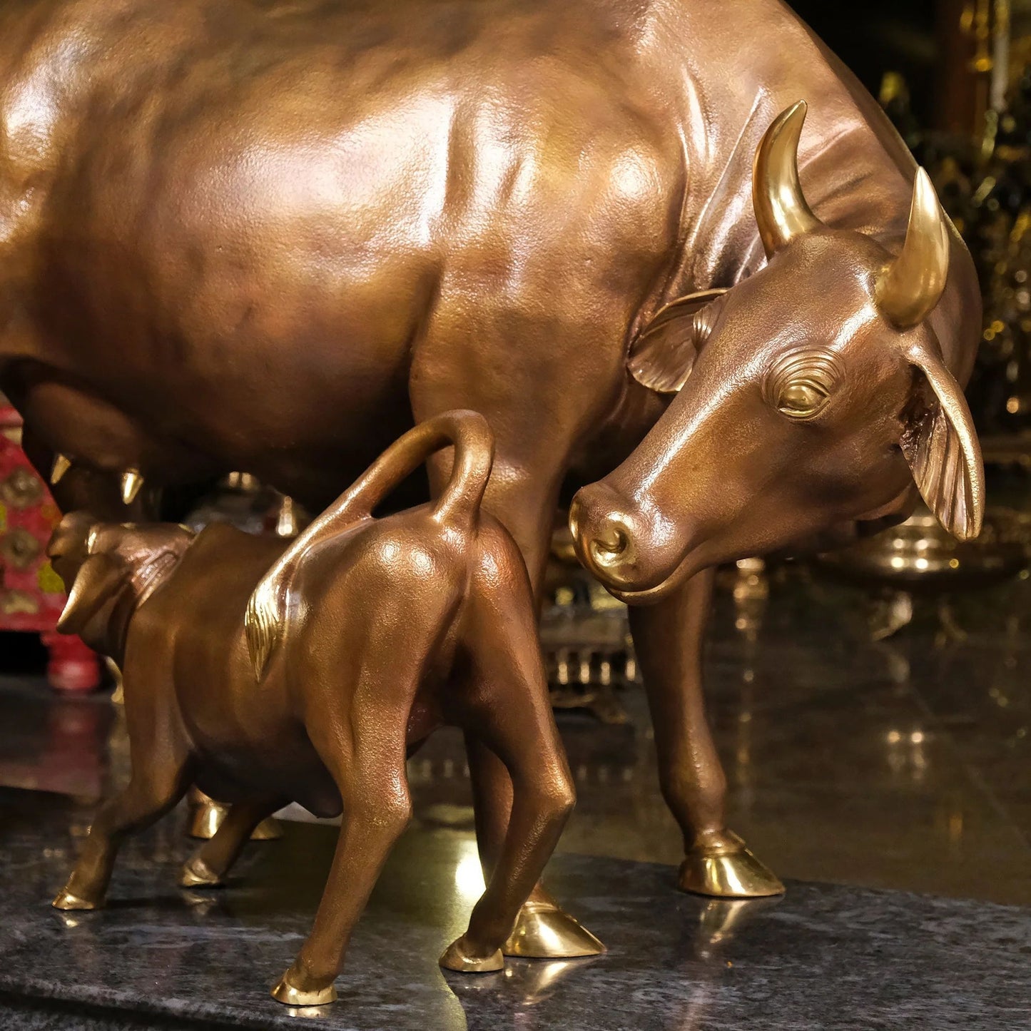 Brassaura® Brass Cow and Calf Idol with Granite Base | Height 34 Inches