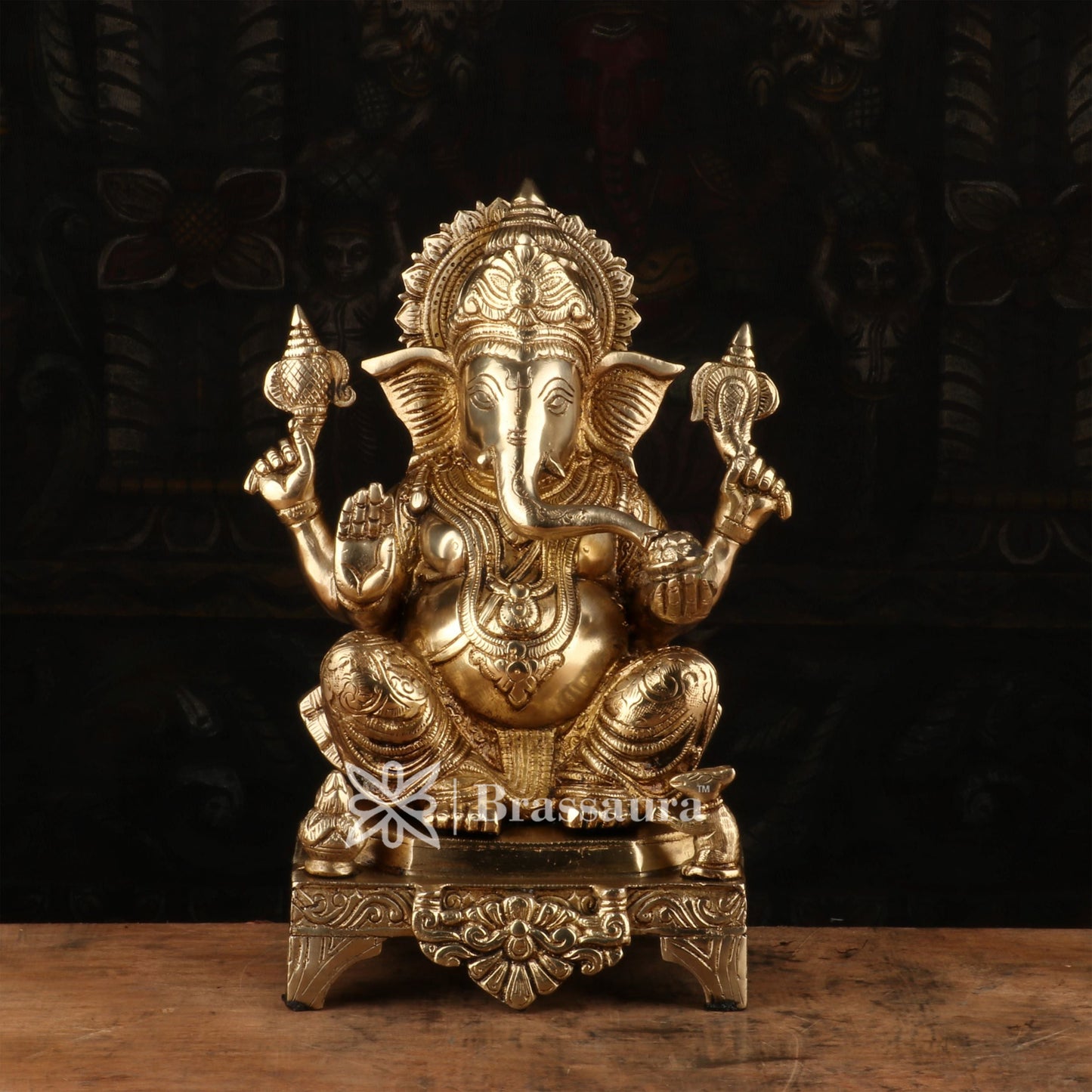 Brassaura™ Brass Chowki Ganesha Idol for Home and Decor | Weight 5.6 Kgs | Height 11 Inches