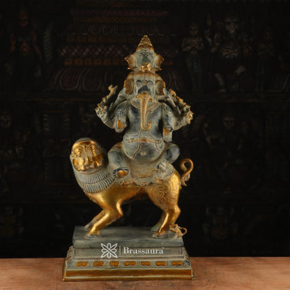 Brassaura™ Brass Ganesha Sitting on Lion Idol for Home and Decor | Weight 24 Kgs | Height 24 Inches