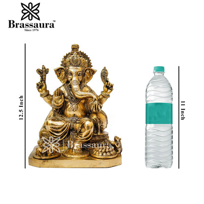 Brassaura™ Brass Ganesha Idol for Home and Decor | Weight 9.5 Kgs | Height 12.5 Inches