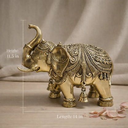 Brassaura® Royal Elephant Standing Statue with Polished Finish | Pure Superfine Brass Handcrafted Murti | Brass Statue for Home Temple, Pooja Room | Height 11.5 Inches | Weight 11.670 Kgs