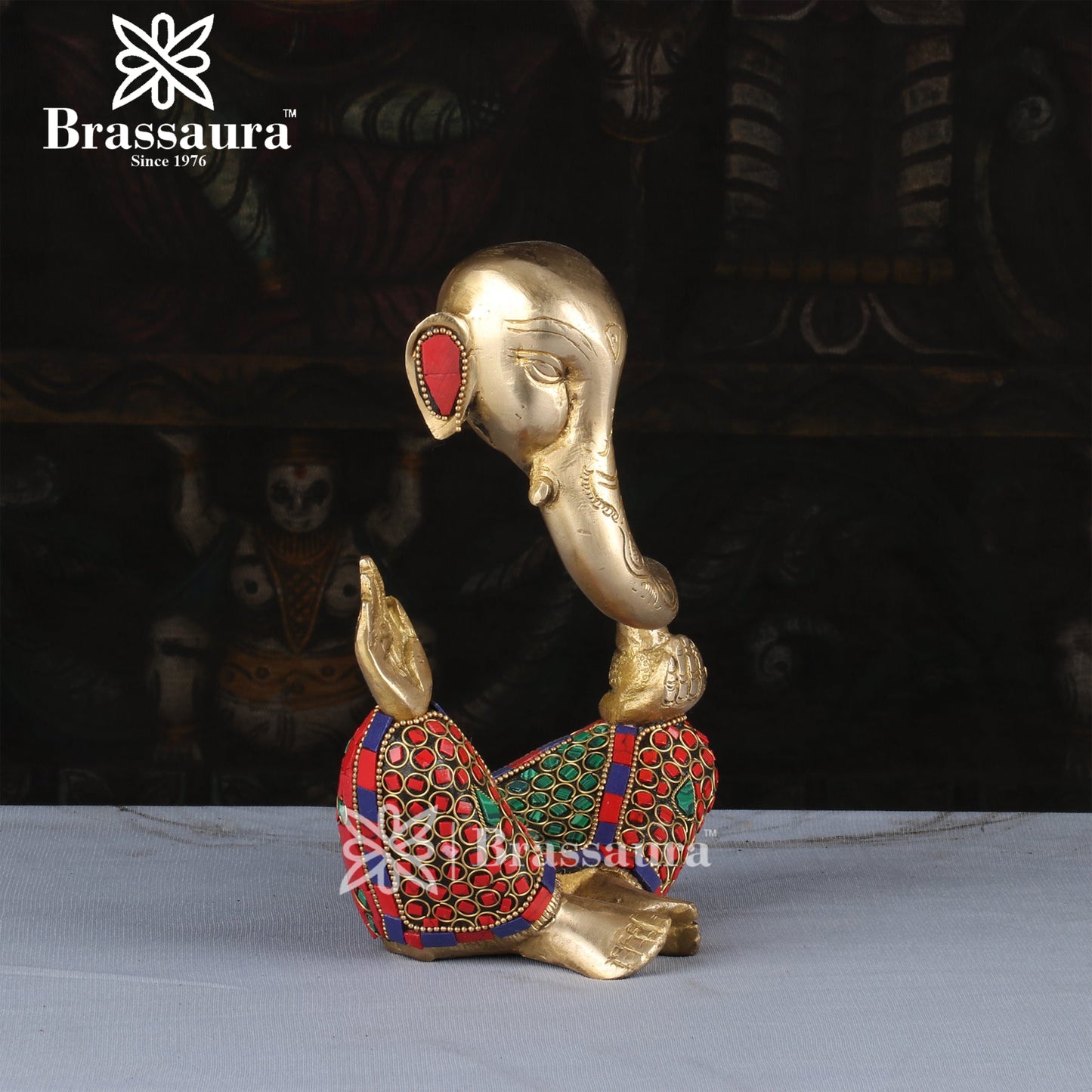 Brassaura™ Brass Gem Stone Work Modern Ganesha Idol for Home and Decor | Weight 2.2 Kgs | Height 7.87 Inches