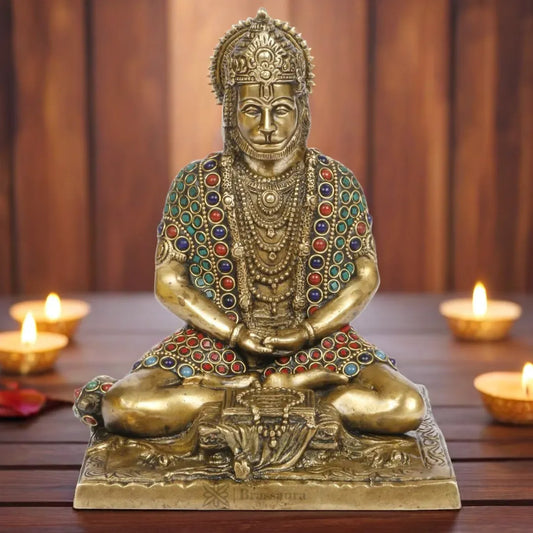 Brassaura™ Premium Brass Hanuman Idol with Gemstone Craft – Heights 9.2 Inches & Weight 2.7 Kgs | Pooja Room Special