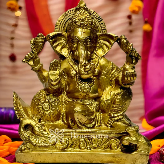 Brassaura™ Brass Ganesha Murti – Height 6.69 inches & Weight 1.35 kgs | Traditional Ganpati Murti for Home & Pooja Room