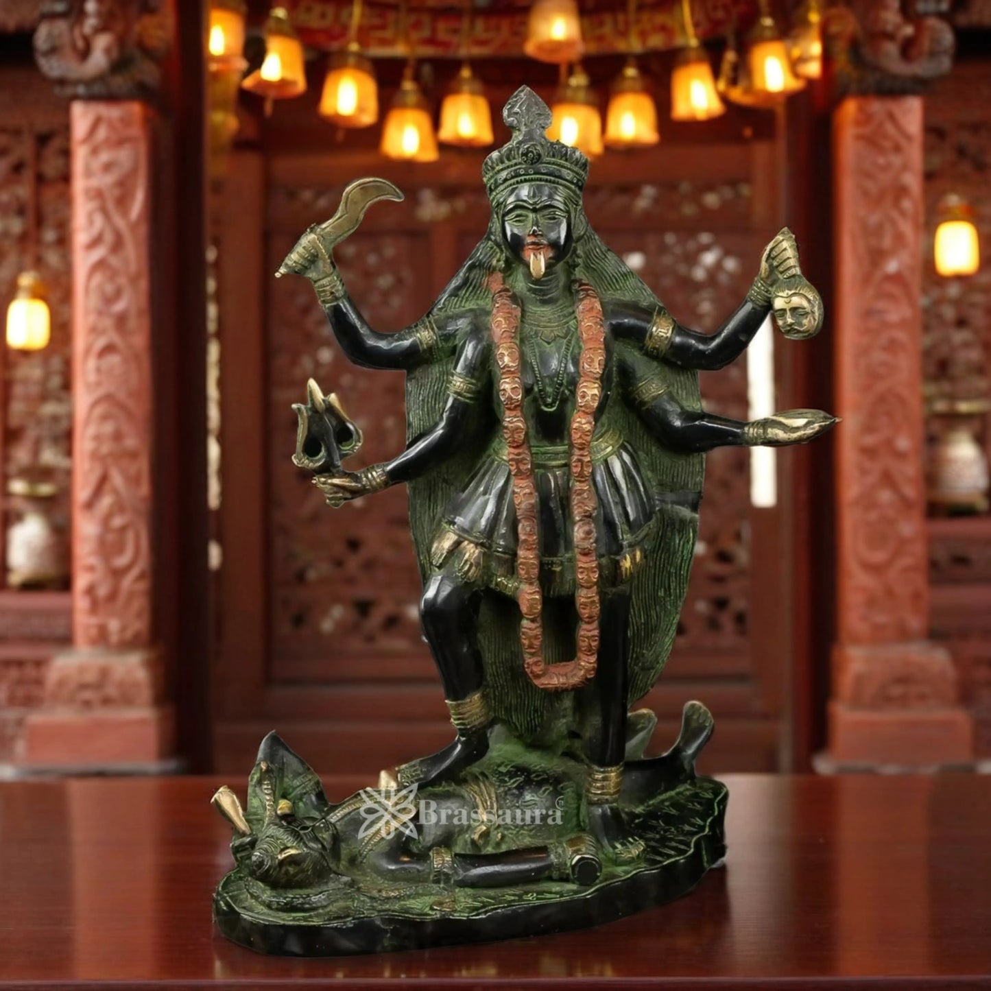 Brassaura™ Traditional Brass Green Patina Kali Maa Idol – Height 14 Inches & Weight 6.4 Kgs | Puja & Temple Statue