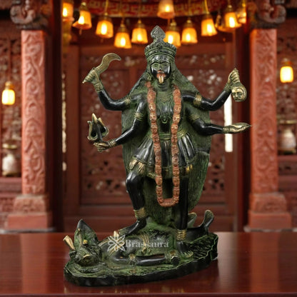 Brassaura™ Traditional Brass Green Patina Kali Maa Idol – Height 14 Inches & Weight 6.4 Kgs | Puja & Temple Statue
