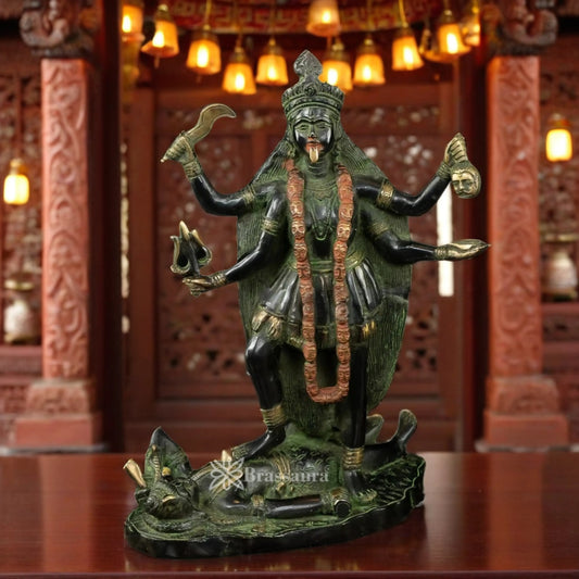 Brassaura™ Traditional Brass Green Patina Kali Maa Idol – Height 14 Inches & Weight 6.4 Kgs | Puja & Temple Statue