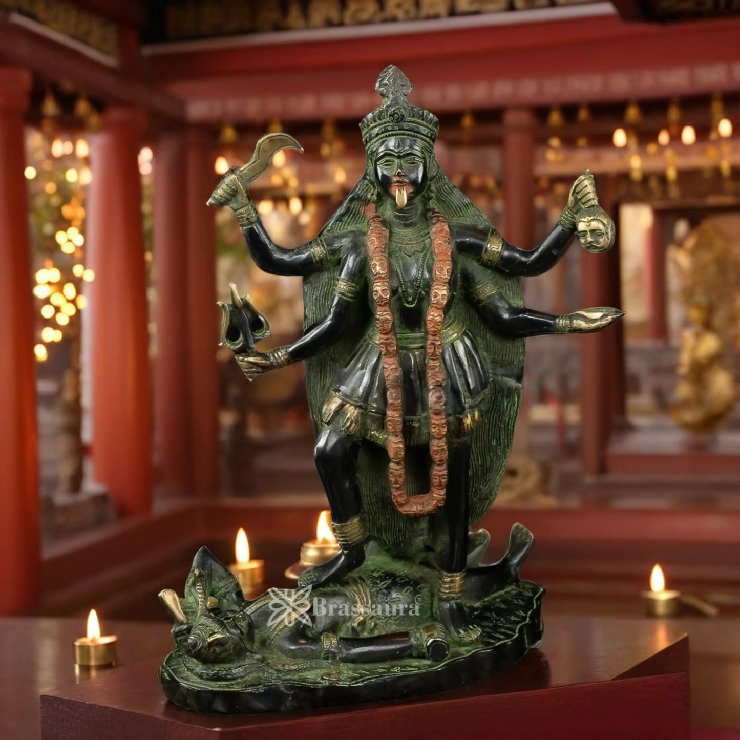 Brassaura™ Traditional Brass Green Patina Kali Maa Idol – Height 14 Inches & Weight 6.4 Kgs | Puja & Temple Statue