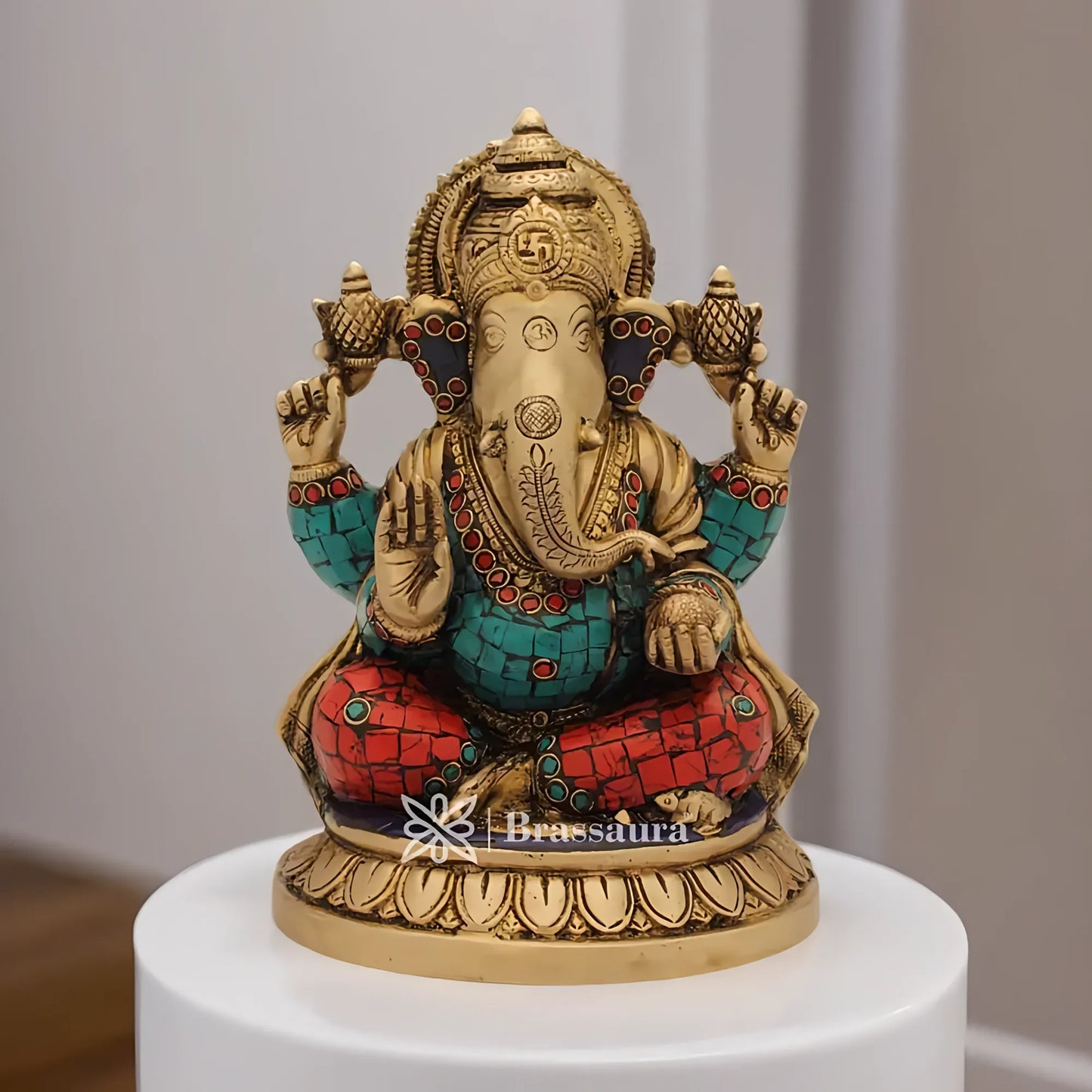 Brassaura™ Brass Ganesha Idol for Home Temple & Pooja Décor | Height 8 Inches & Weight 3 Kgs