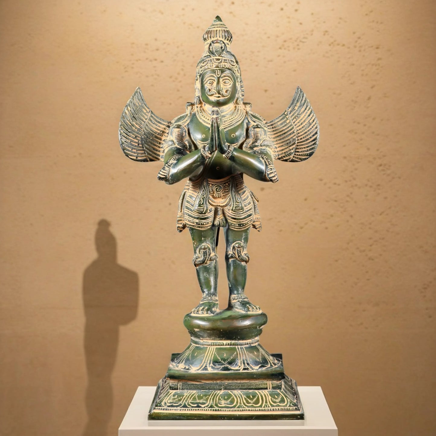 Brassaura™ Pure Brass Garuda Statue with Vintage Green Sand Patina | Traditional Indian Collectible | Weight 5.2 Kgs | Height 15.5 Inches