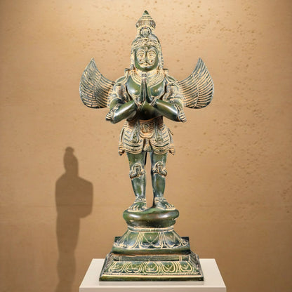 Brassaura™ Pure Brass Garuda Statue with Vintage Green Sand Patina | Traditional Indian Collectible | Weight 5.2 Kgs | Height 15.5 Inches