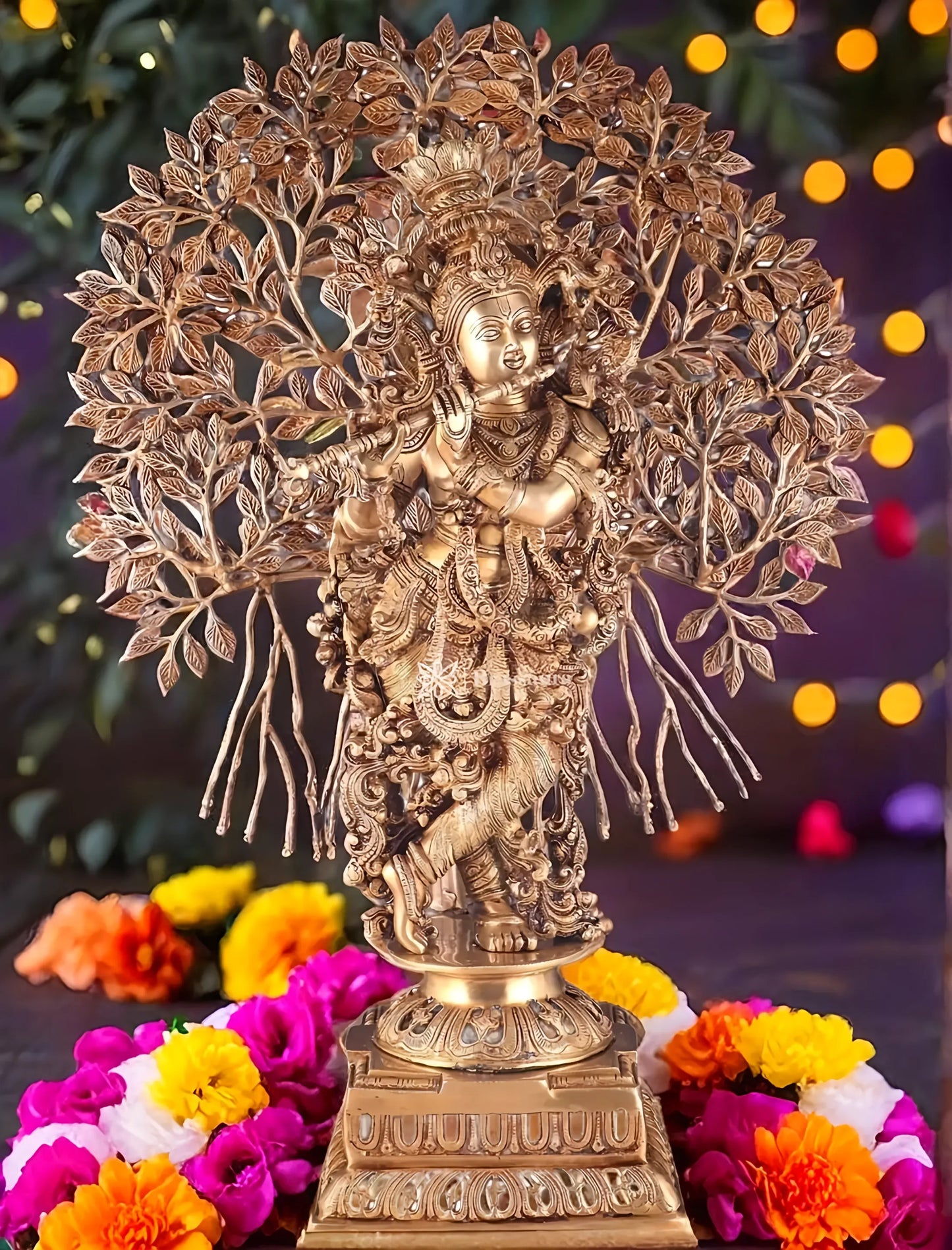 Brassaura™ Handcrafted Brass Lord Krishna with Kalpavriksha Statue – Height 36 Inches & Weight 32 Kgs