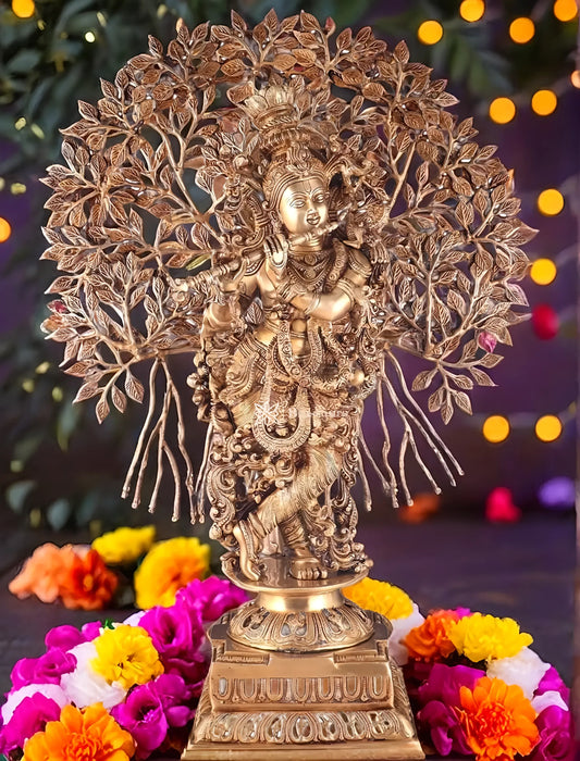 ब्रासौरा™ हस्तनिर्मित पीतल की भगवान कृष्ण कल्पवृक्ष के साथ प्रतिमा – ऊँचाई 36 इंच और वज़न 32 किलोग्राम